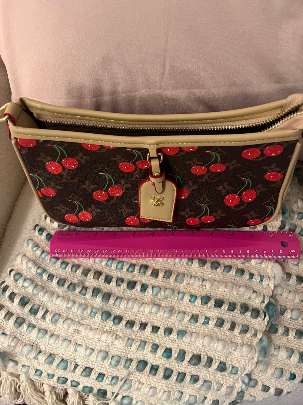 Brown Cherry-Print Crossbody Bag with Cream Trim - Picture 6 of 10